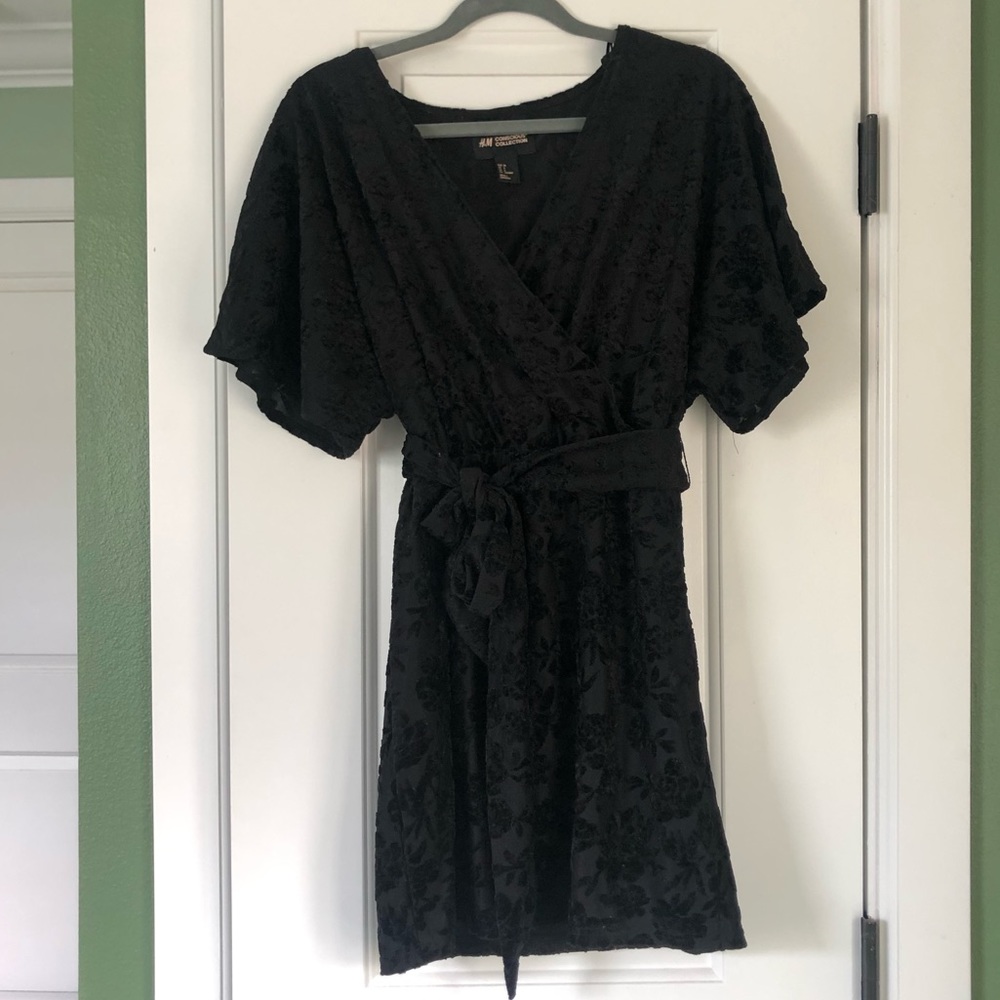 Black velvet burnout floral print faux wrap dress